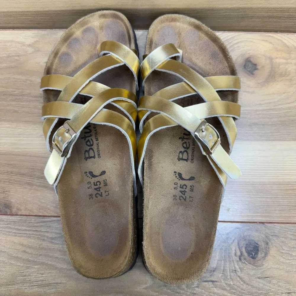 Birkenstock Betula Sandals Gold Strappy Slip On 7 N EU 38 Birko Travel Vacation